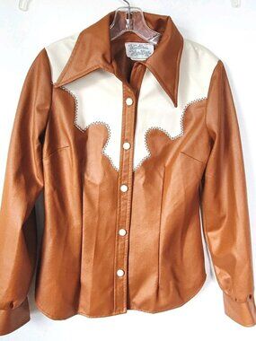 VTG 70s Western Heritage Shirt Brown Cream Scalloped Yoke Rockabilly Sz Medium
